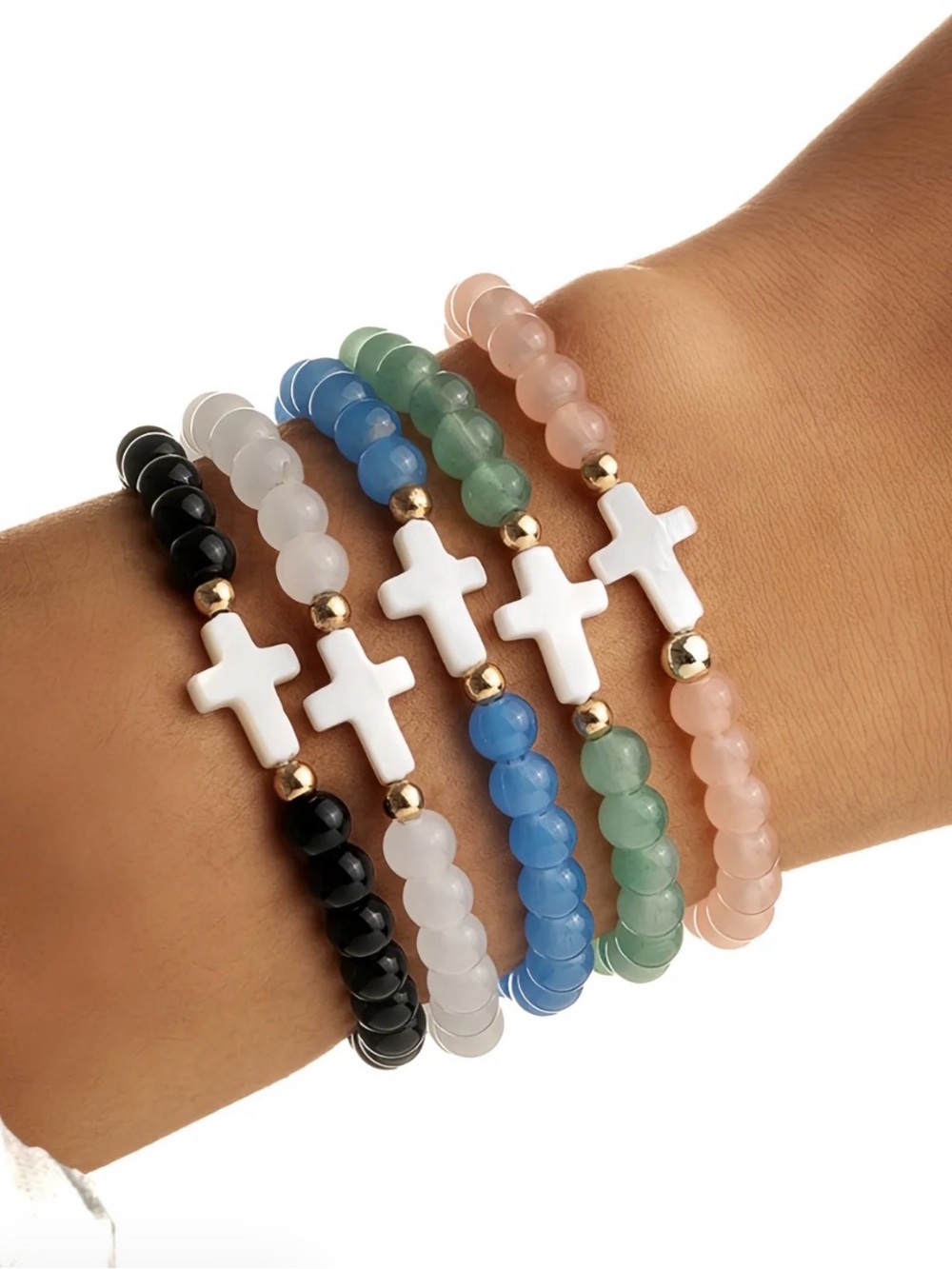 Multicolor Beaded Cross Stretch Bracelet Set - Pink, Green, Blue, White, Black